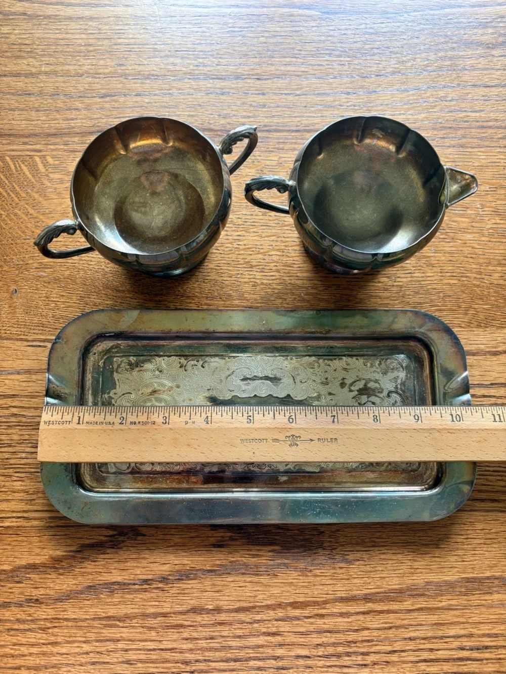 Viking Plate from Canada tray, Elegance EP Brass sugar & creamer